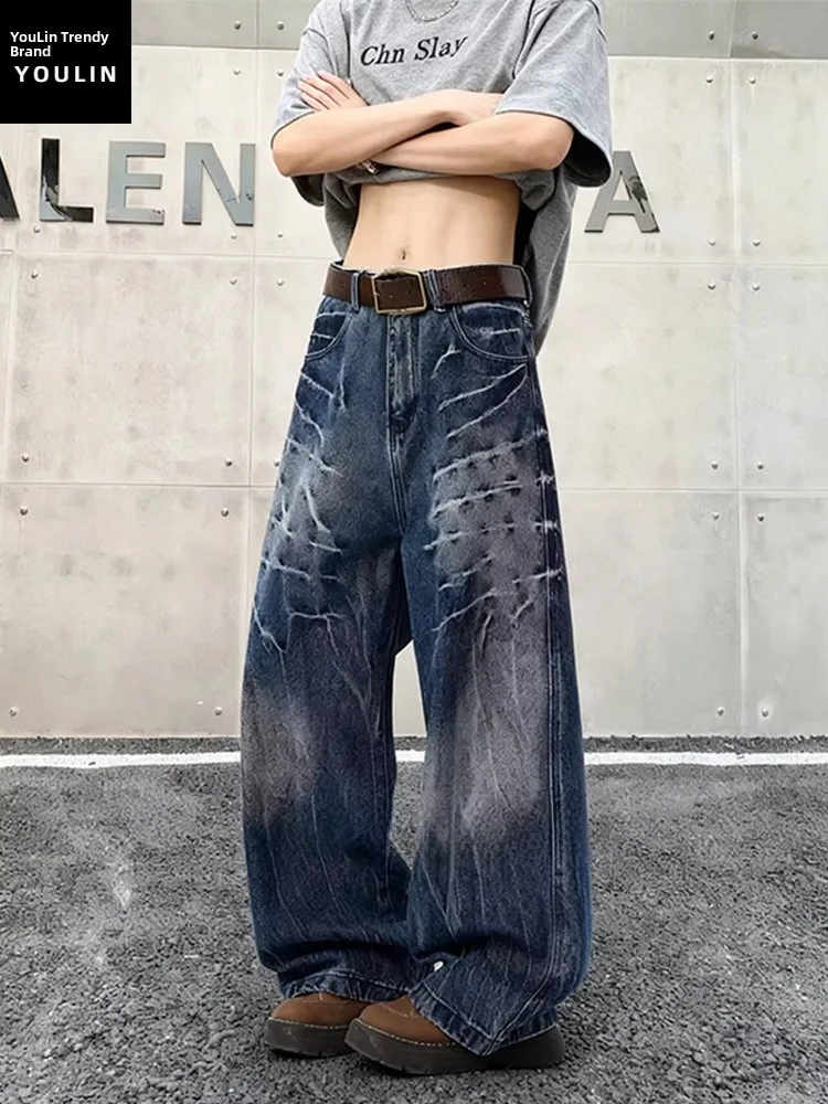 

Blue Lightning Pattern American Style Men's Jeans Spring Autumn High Street Retro Design Trendy Knife Pants Casual Wear