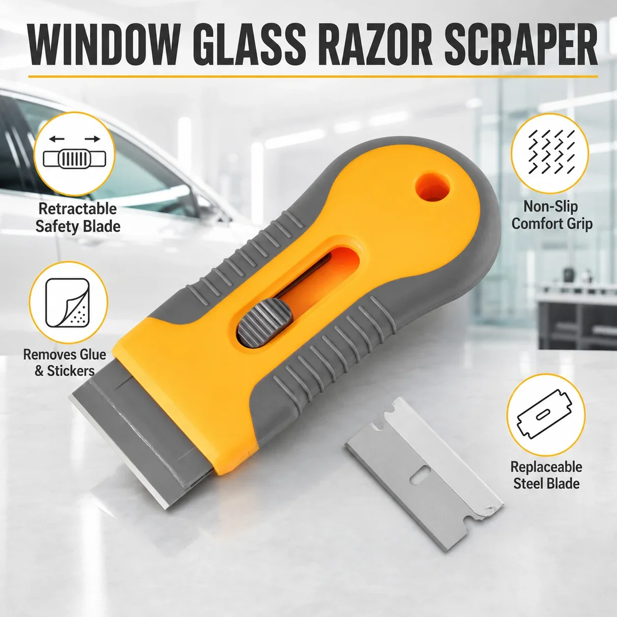 Retractable Razor Scraper for Window Tint Removal with Replaceable Steel Blade for Sticker Glue Removal and Auto Detailing Tool