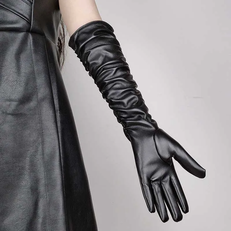 Winter Women PU Leather Pleated Pile Sleeve Touch Screen Gloves Sexy Silk Lining 50cm Long Full Finger Warm Driving Mitten K52