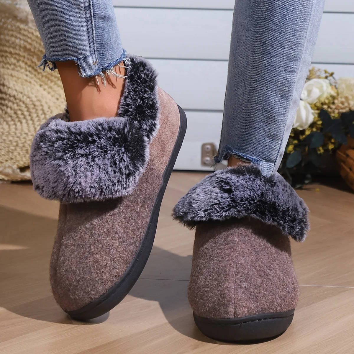 Smile Pop New Men Plush Slippers Indoor Fluffy Fur Home Men Slippers Outdoor Warm Closed Soft Non-slip Fuzzy Winter Men Shoes