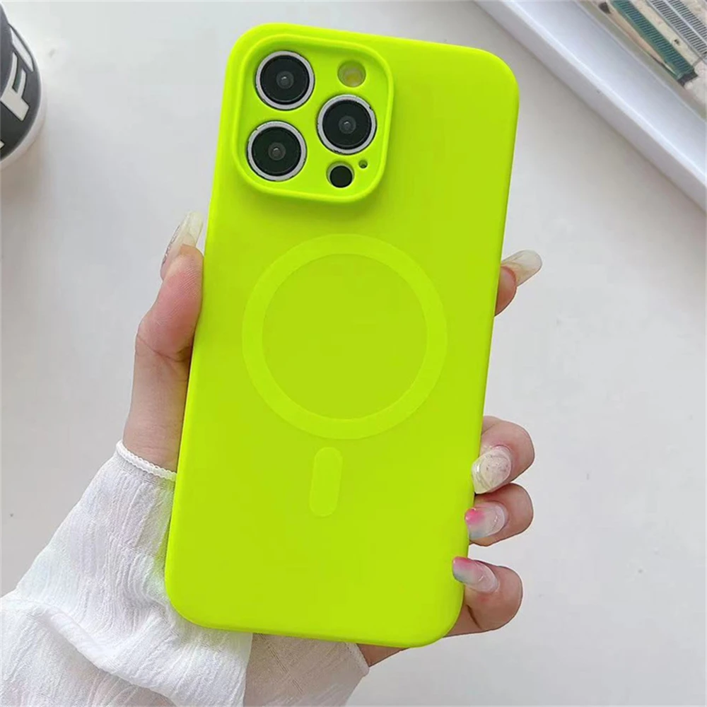 Fashion Bright Fluorescent Liquid Silicone Magnetic for Magsafe Case For iPhone 15 14 13 Pro Max Wireless Charging Candy Cover