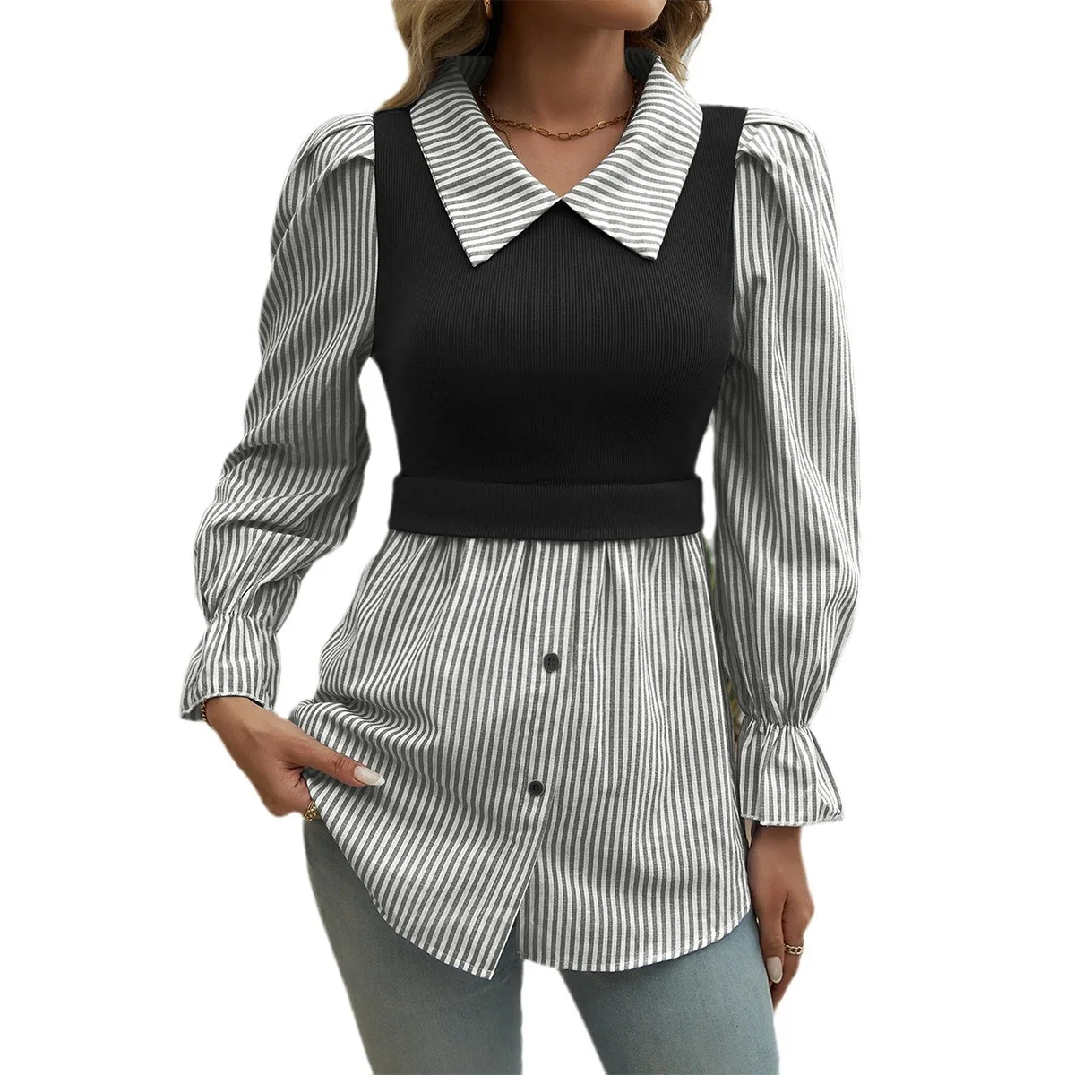 Women Long Sleeve Shirt Buttons Patchwork Tops Lapel Neck