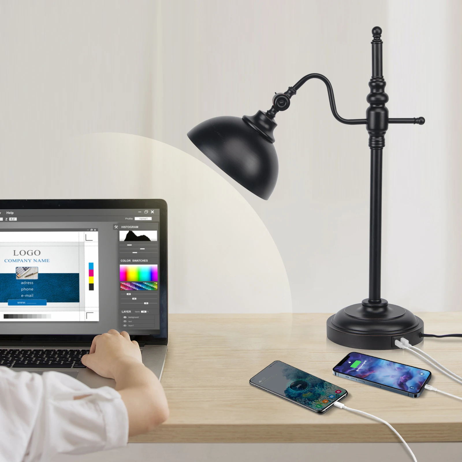 

American Industrial Vintage Black Table Lamp Iron E27/E26 Desk Lights USB Charging Port for Office Study Bedroom Liviing Room