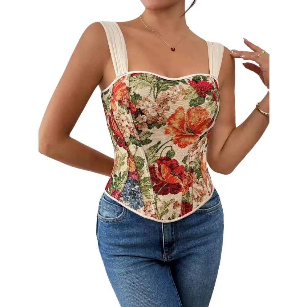Retro French Fishbone Print Slimming Vest Top Cross-Border Outerwear Inner Match Tank Top Strap Women's Fashion Shapewear