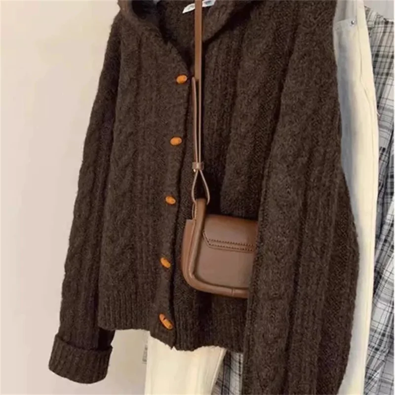 

2025 корейский модный однотонный кардиган на пуговицах с капюшоном, свитер для женщин, весенняя вязаная мягкая одежда, базовый топ