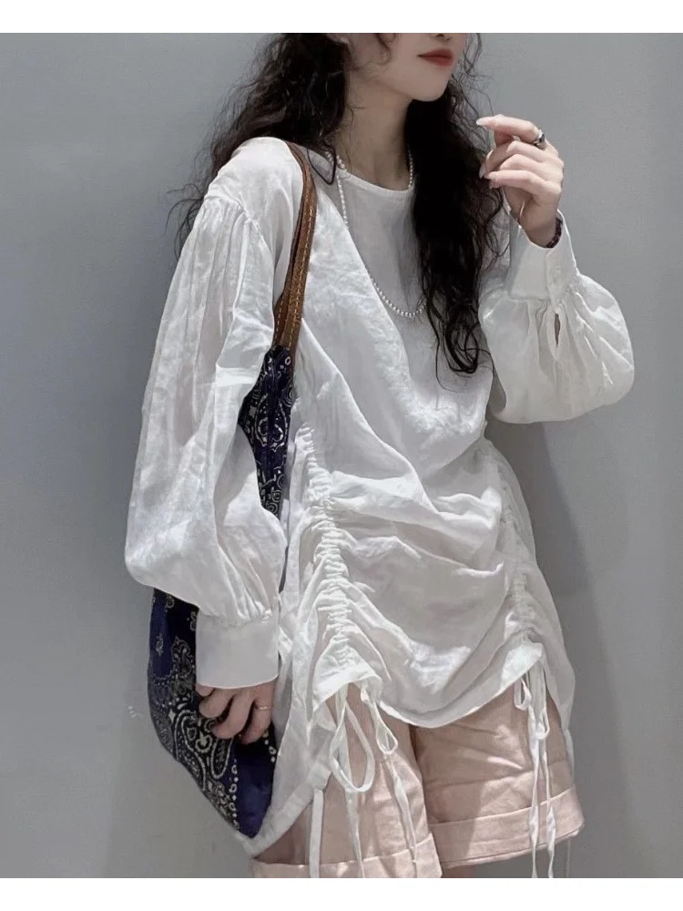 Blusas Holgadas para Mujer 2026, Blusas de Moda con Cuello Redondo y Manga Larga, Blusas Casuales con Cordón, Blusas Coreanas de Verano