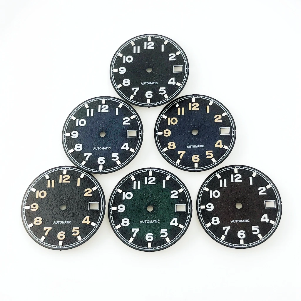 New 29mm Sterile Green Luminous Gradient Grain Texture Watch Dial Fit NH35 Automatic Movement With Calendar Window