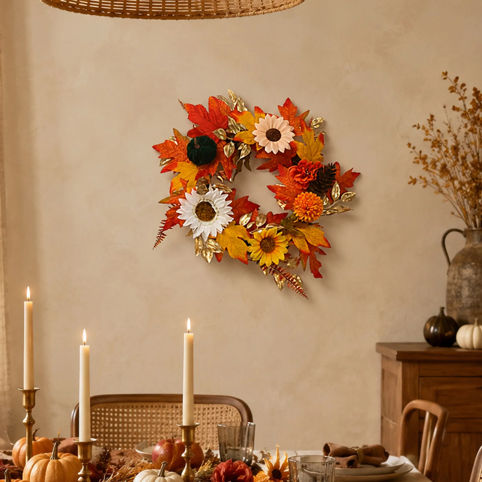 Artificial Harvest Wreath 17.72in/45cm with Layered Sunflowers Tiny Pumpkins and Printed Maple Leaves for Door