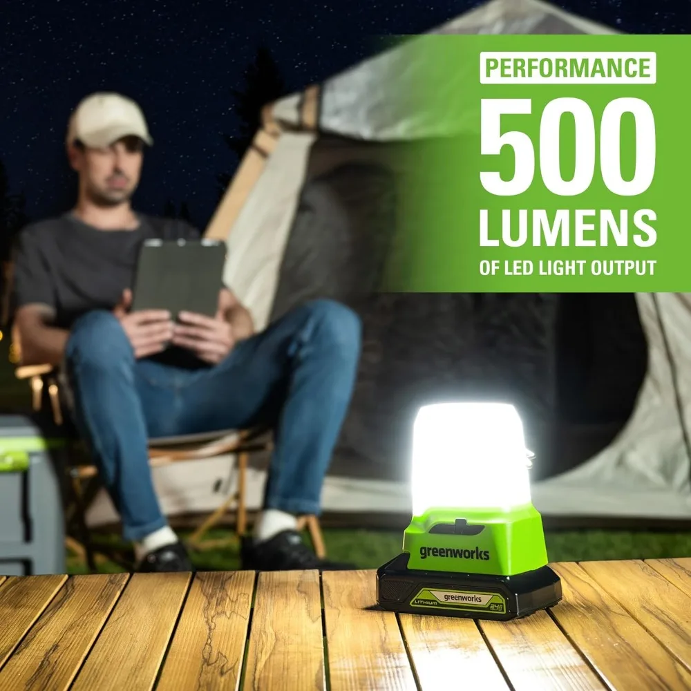 Greenworks 24V Lanterne sans fil 500strada Kit d'éclairage de camping avec USB-A et port USB-C, batterie 2Ah et chargeur inclus