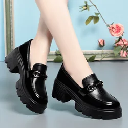 Vintage British Style Soft Leather Loafers Thick Bottom Platform Shoes 2024 Fall Med Block Heels Shoes Black for Office Mom