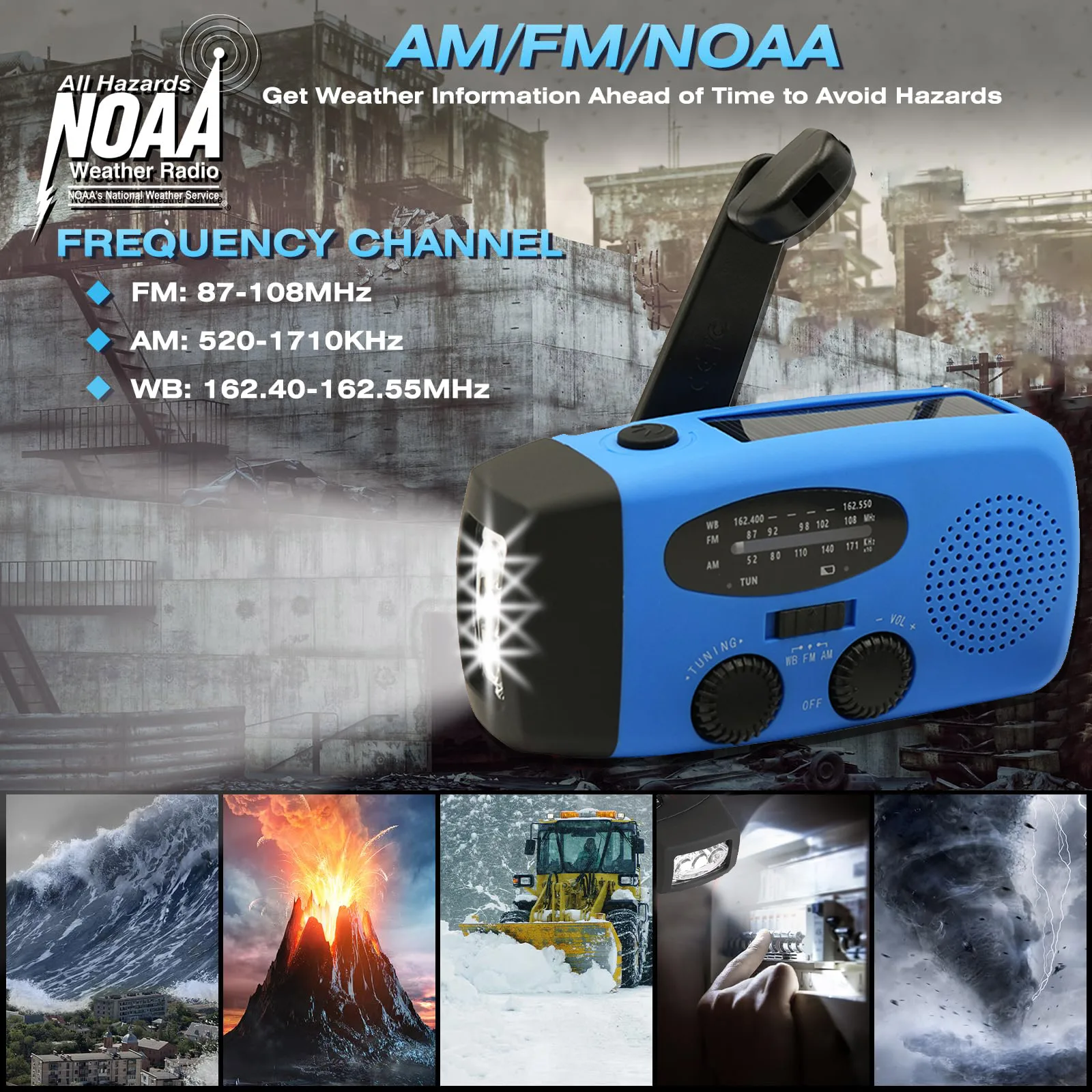 2000mAh Multifunctional Solar Hand Crank Radio FM AM WB NOAA Weather Radio USB Charging Emergency LED Flashlight Power Ban