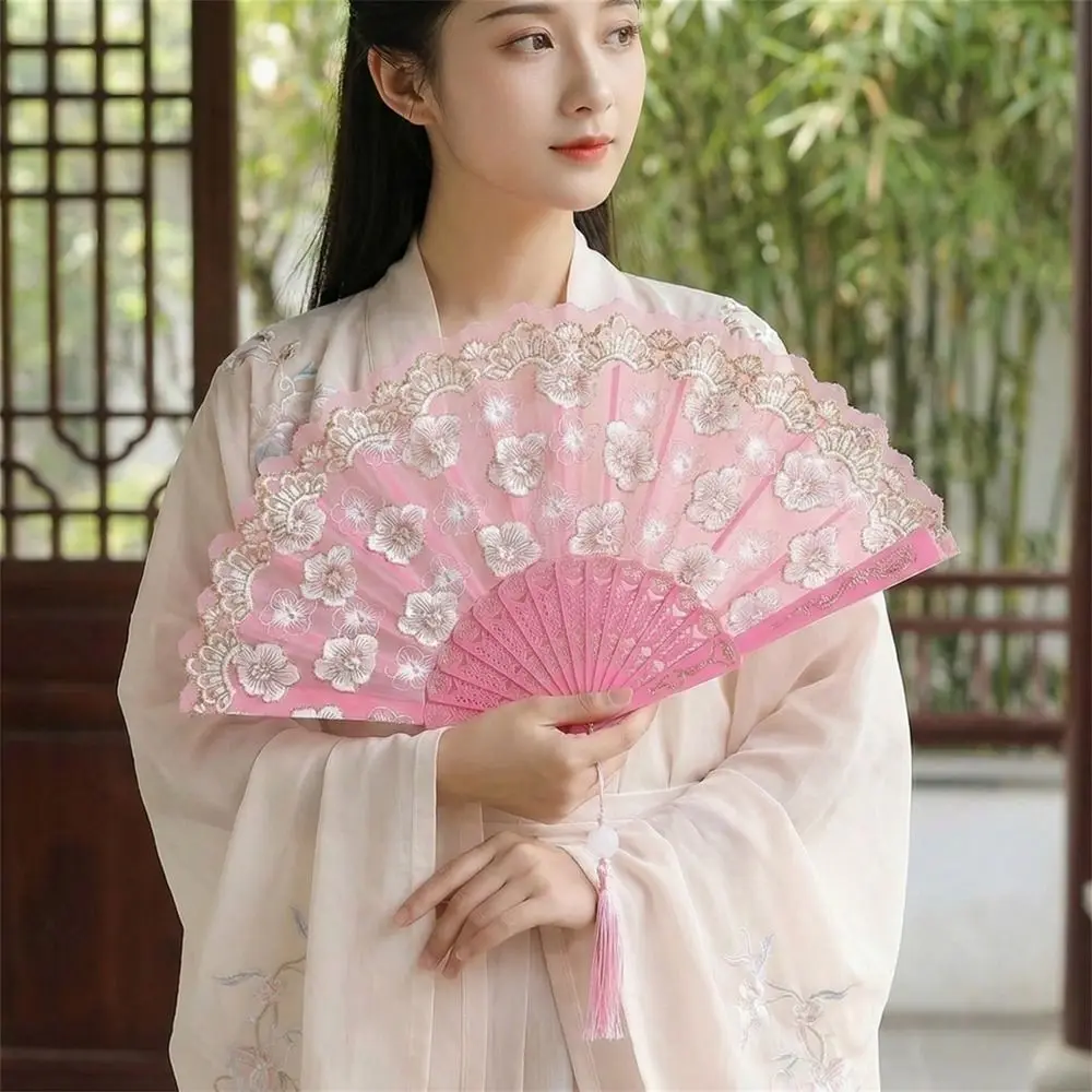 

Hanfu Fan Flower Pattern Chinese Folding Fan Traditional Vintage Handheld Fan with Tassel Portable Decorative Fan Cultural Event