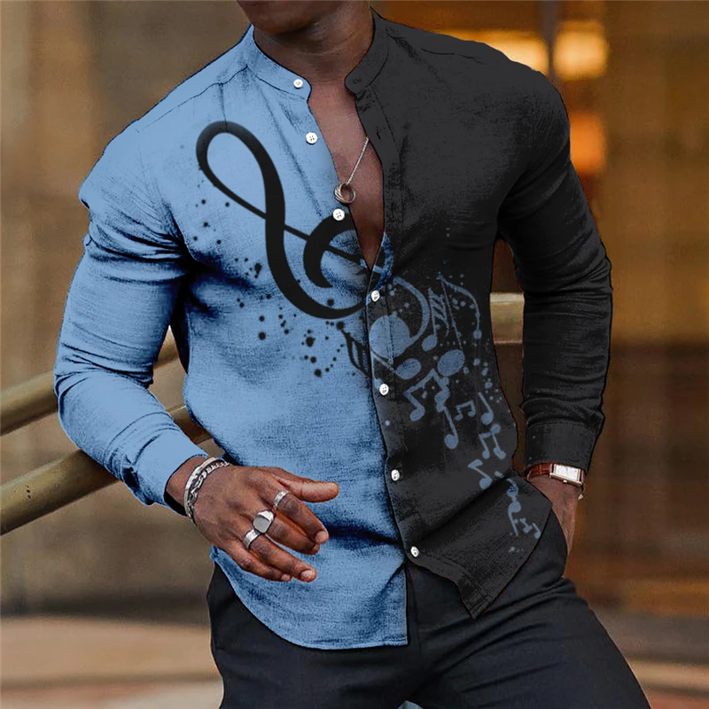 Men's music notes printed grey shirt social dress street fashion casual 3d digital printing thin breathable collar long sleeves.