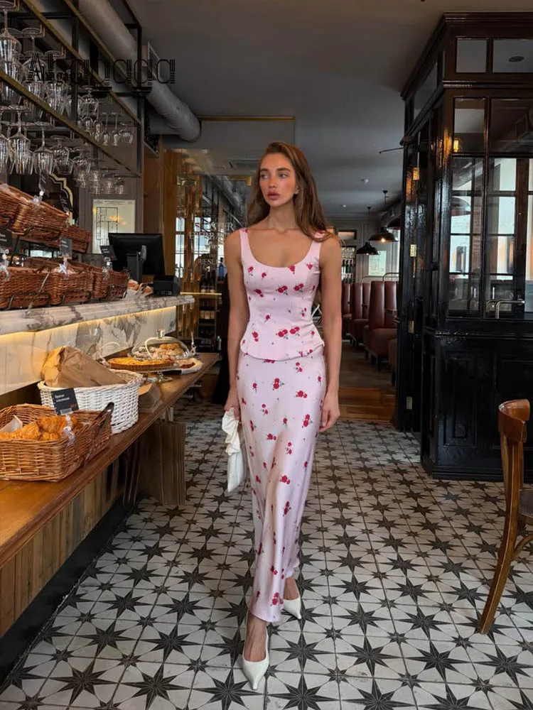 Sexy 2 Piece Skirt Suits Sets Women Elegant Square Neck Sleeveless (Crop Top+Midi Skirt) Floral Print Slim Casual Vacation