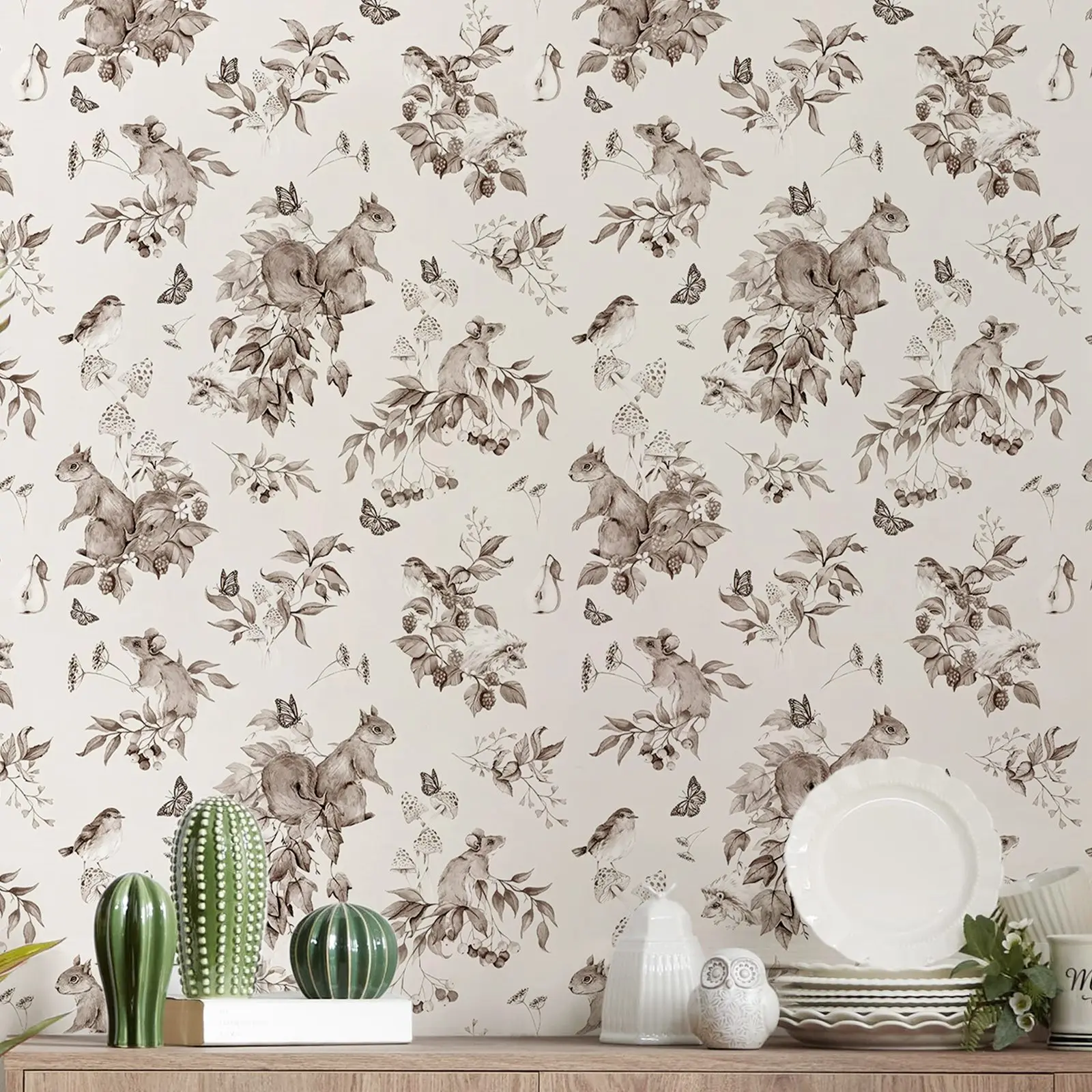Tiny Forest Sepia Wallpapers Home Décor,Squirrel Design Peel and Stick Wall Mural For Nursery Decor,Self-adhesive Or Traditional