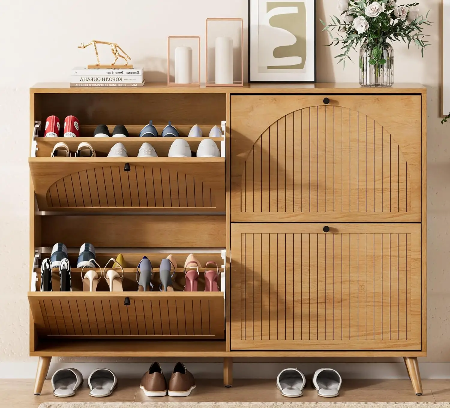 Entryway Shoe Storage Cabinet 4 Flip Drawers Oak Slim Freestanding Organizer Hidden Adjustable Shelves 2 In 1 Hall Tree Holds 18