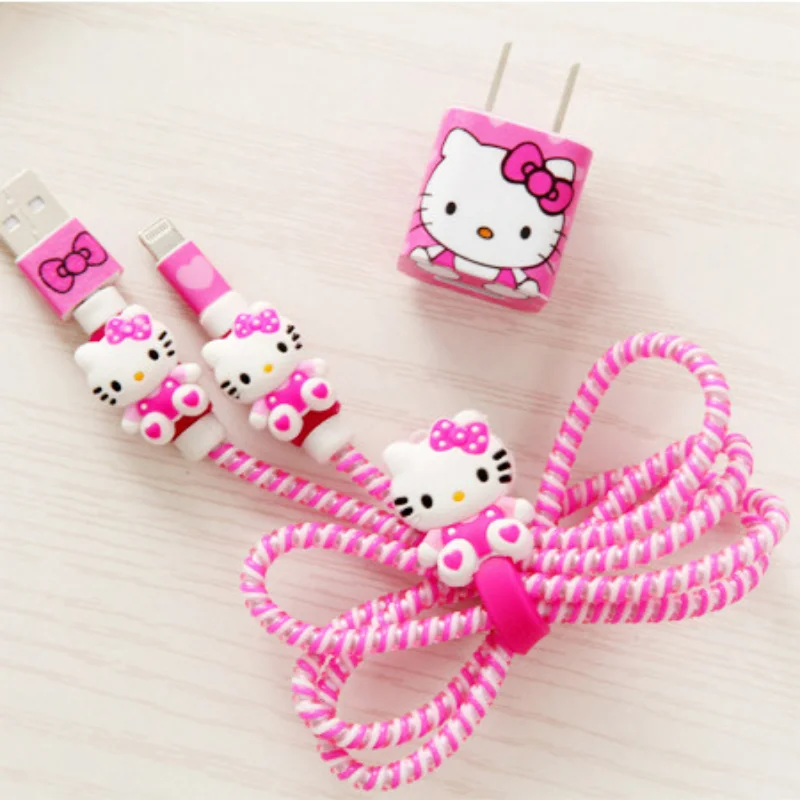 Hello Kitty ochraniacz na zgryz kablowy Sanrio Anime mały podwójny przewód do transmisji danych dla iphone\'a zestaw do ładowania USB do ładowania