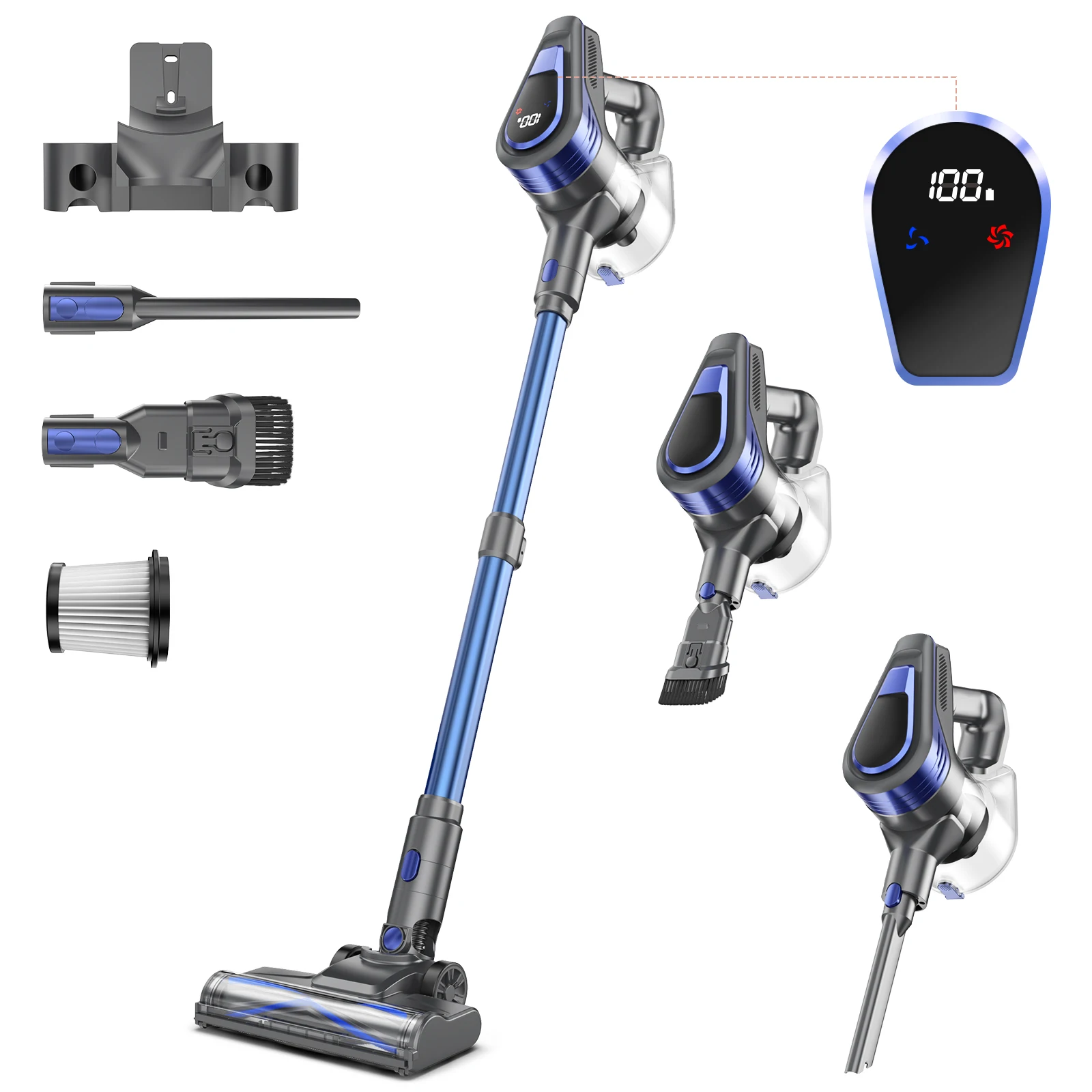 N16 Akku-Staubsauger, 6*2600mAh Akku, bis zu 45 Minuten Laufzeit, starke Saugkraft, 2 Modi, 180 Grad flexibler LED-Bürstenkopf, 1,5L Staubbehälter, 5-lagige Filterung, LED-Digitalanzeige, verschiedene