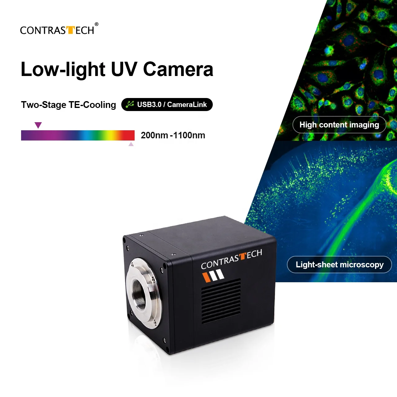 Good Scientific Grade 200-1100nm High Speed 100fps USB 3.0 Ultraviolet Imaging UV Low Light Industrial Camera for Plastic Sortin