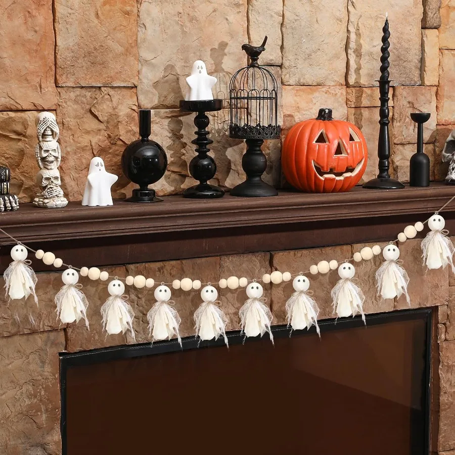 

7 футов Хэллоуин призрак гирлянда украшение для мантии призрак баннер с деревянными бусинами милая примитивная гирлянда для Хэллоуина осенняя часть