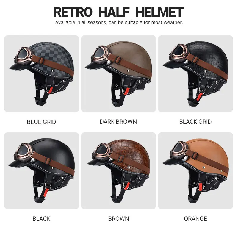 Casco de motocicleta de estilo alemán Retro, medio Casco de cuero cruzado, aprobado por DOT, Casco Vintage para motocicleta y Scooter