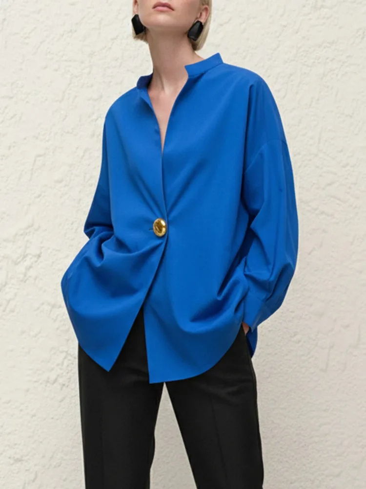

Женская блузка Bonboho синего цвета с воротником-стойкой на одной пуговице, свободного кроя, весна 2026, модная, с длинными рукавами, для работы и повседневной носки