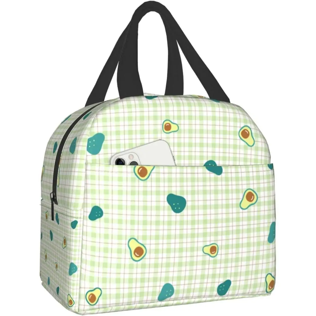 Pastel Green Plaid Lunch Box Bento Box Insulated Lunch Boxes Reusable Waterproof Lunch Bag With Front Pocket For School Office