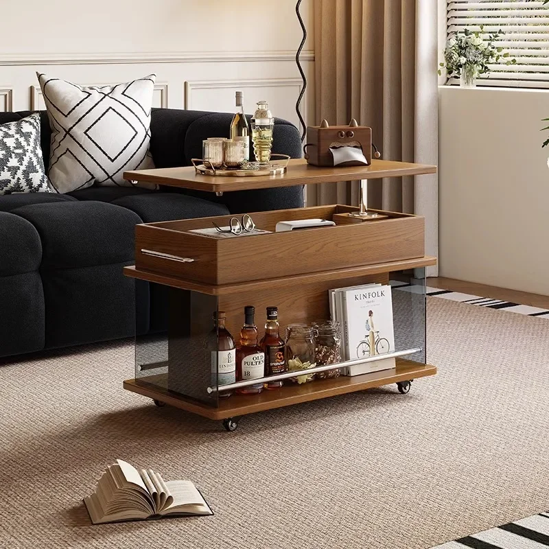 Movable solid wood coffee table Home living room Balcony Creative side cabinet Lifting multi-functional small apartment sofa
