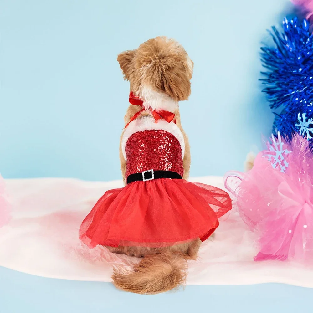 Bright Dog Christmas Cosplay Costume Sparkly Pet Tulle Dog Dress Puppy Clothes for Small Dogs Girl Red New Year Cat Apparel