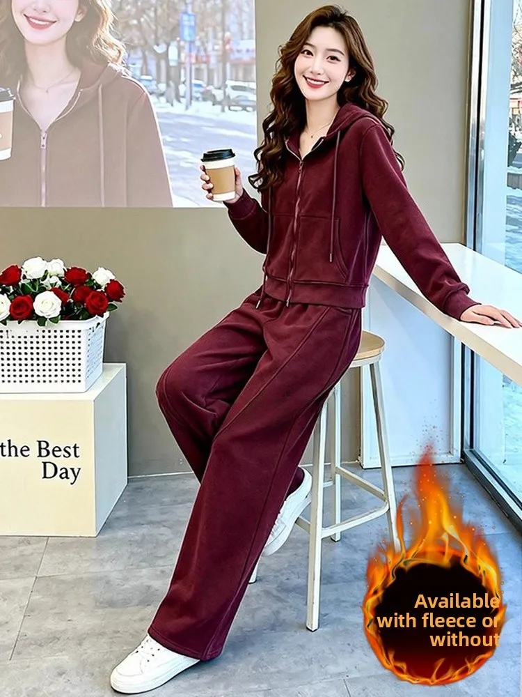 

Утепленный флисовый спортивный костюм для женщин: красная толстовка с капюшоном и широкие брюки, комплект из двух предметов, антивозрастной, модный, для отдыха
