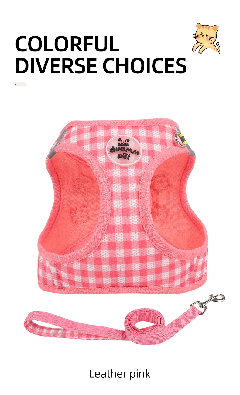 Brustgurt für Kätzchen. Frische karierte Kätzchenleine, bruchsicher. Verstellbarer, reflektierender Brustgurt für Haustiere. Brustrücken für kleine Hunde und Kätzchen – Detail 10