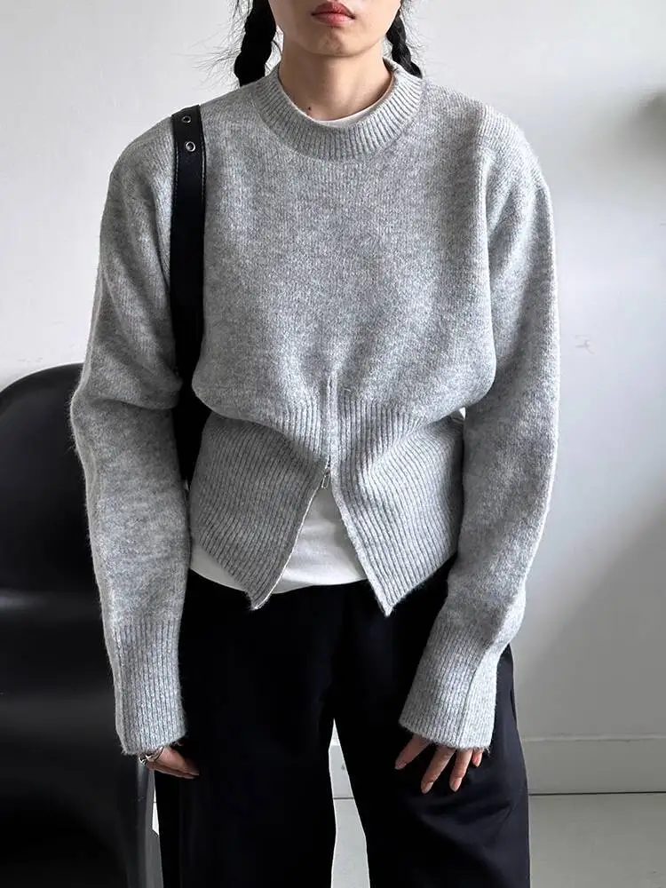 

HUISONG корейский нишевый дизайн подол на молнии короткий свитер женский повседневный элитный пуловер с круглым вырезом для похудения вязаный весна осень