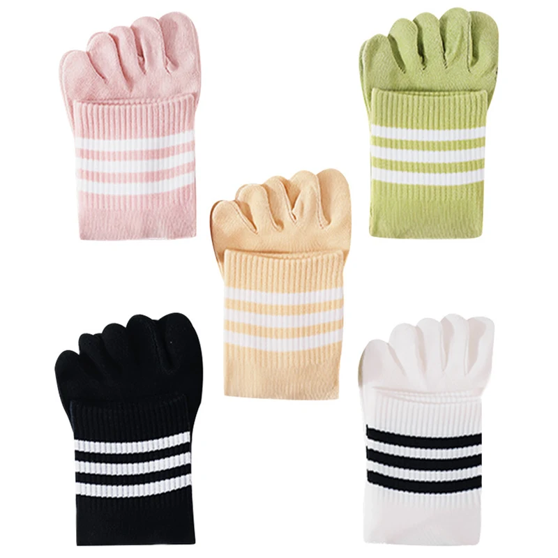 1/5 Pairs Women Pure Cotton Five Toe Crew Socks Classic 3 Stripes Separate Finger Split Toe Socks Casual Daily Socks