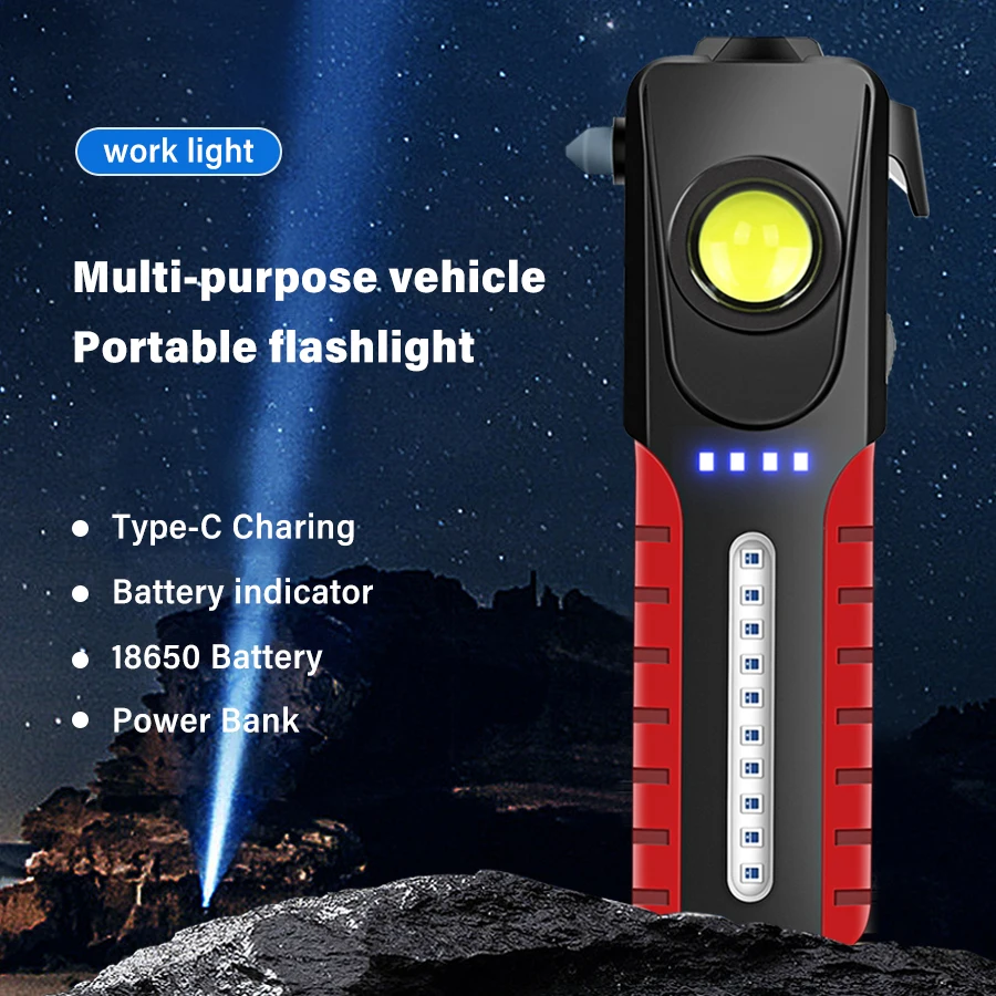 Multifunctional Super Bright LED Flashlight With Side Light USB Rechargeable Outdoor Portable Magnetic Torch Lamp Safety Hammer