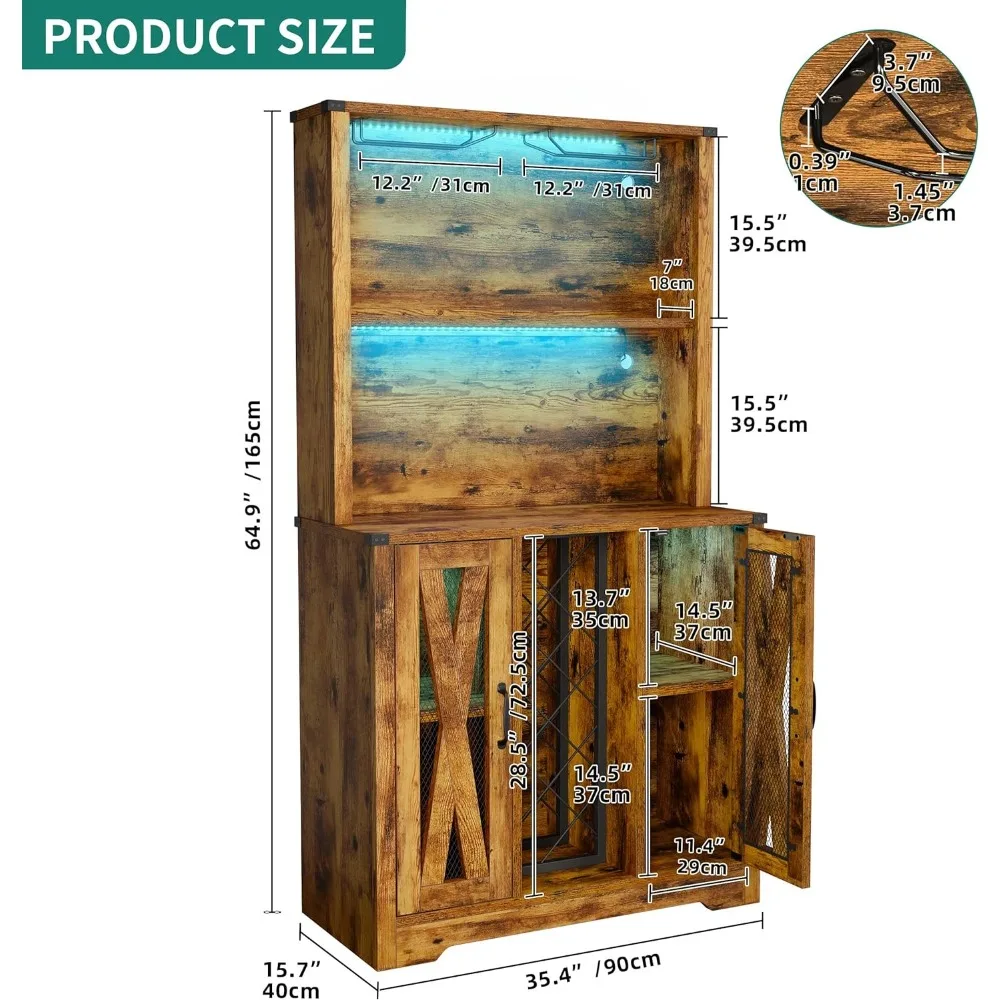 Armoire de bar à vin avec lumières LED, ferme française, armoire à café, étagères réglables, armoire de rangement de cuisine, 65 po