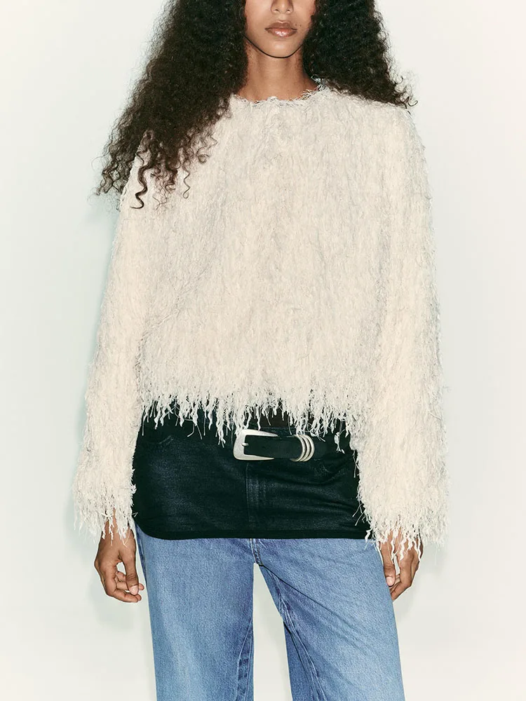 Ele Long Sve Round Ne Jaet مع خط معدني مزخرف بالريش ملابس خارجية نسائية جديدة للخريف 2025