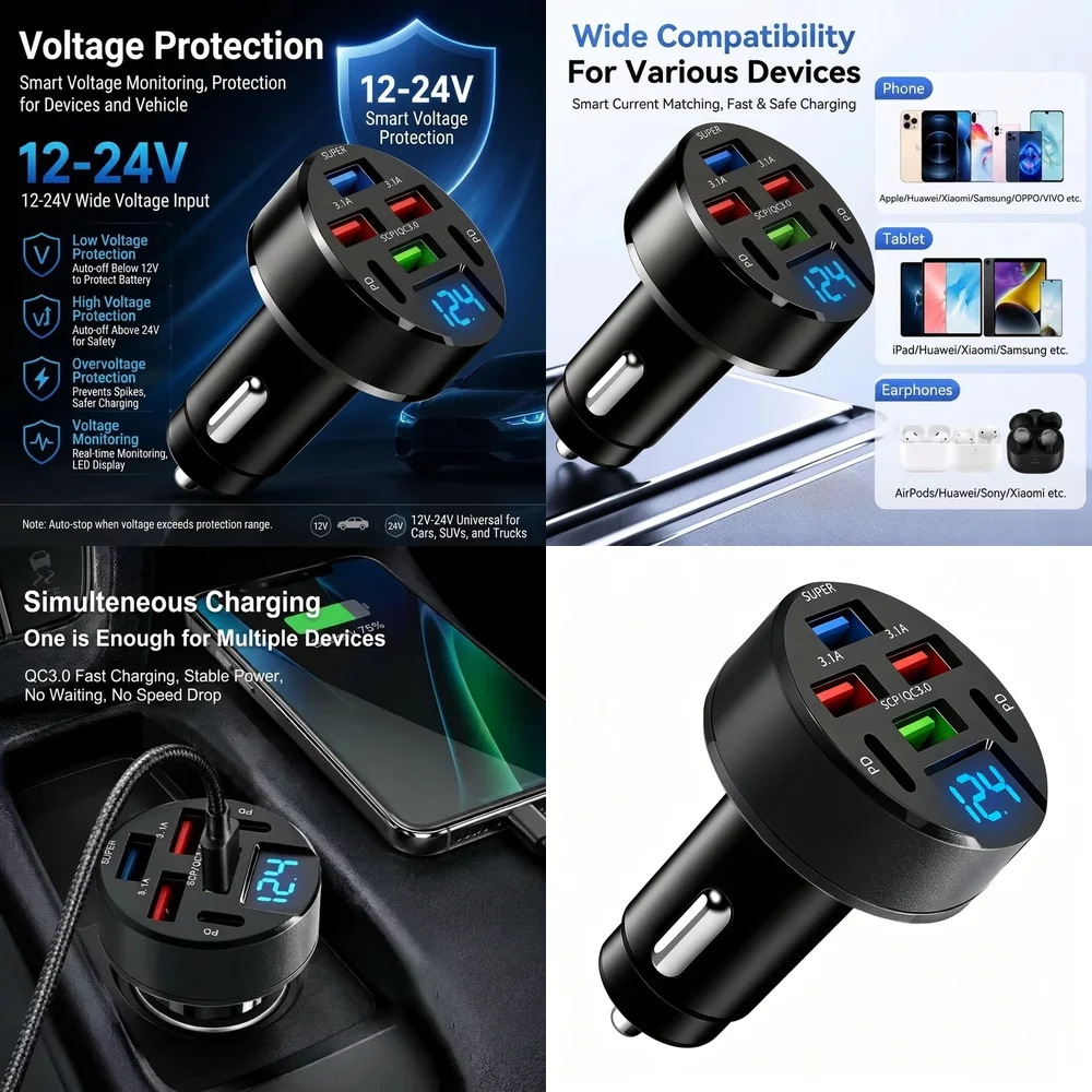 100W 6-in-1 Auto-Ladegerät mit Mehrfachanschlüssen und LED-Digital-Spannungsanzeige QC3.0 PD USB Schnellladung für iPhone Samsung Xiaomi iPad