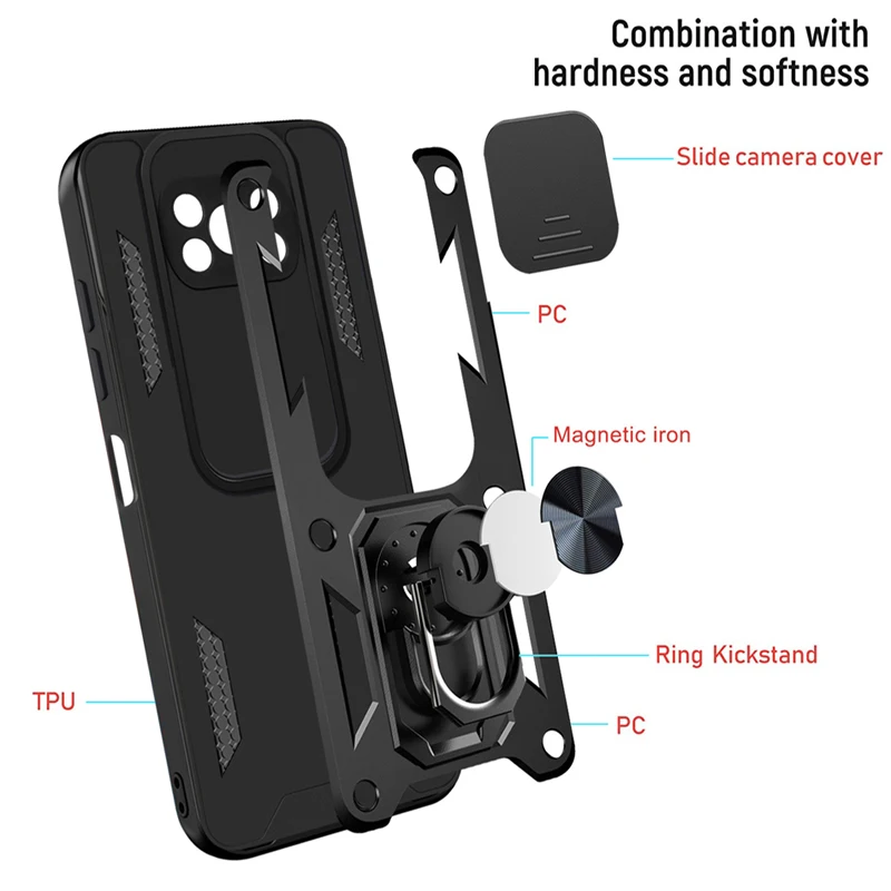 PKCASE Shockproof Phone Case For Xiaomi POCO X3 X3NFC X3Pro Ring Bracket Push Window Cover For POCO M4 Pro 4G F4 GT