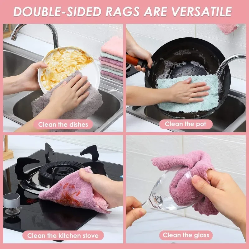 12/1pcs Double-layer Microfiber Towel Super Absorbent Coral Fleece Cleaning Cloths Kitchen Non-stick Oil Dishcloths Scouring Rag