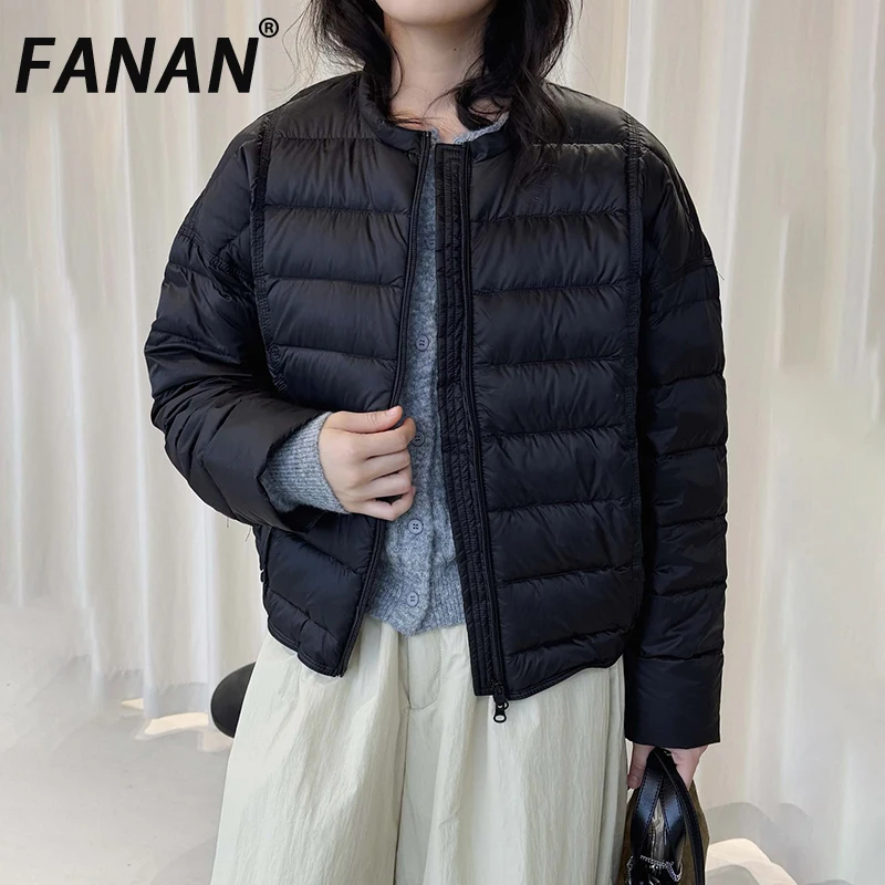 

FANAN Minimalism Down Coats For Women Round Neck Zipper Design Thick Warm Jackets Office Lady Fit Outwear Fashion Winter New