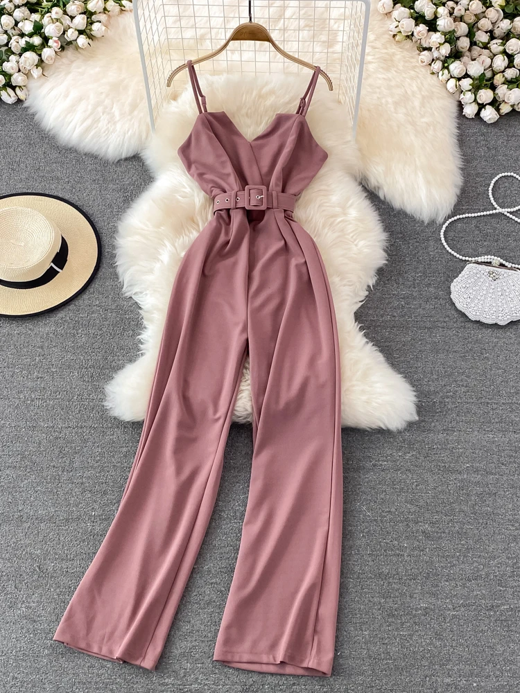 Summer Sexy Women Romper Female Red/Orange/Black Sleeveless High Waist V-Neck Wide Leg Playsuit With Sashes New Fashion Jumpsuit