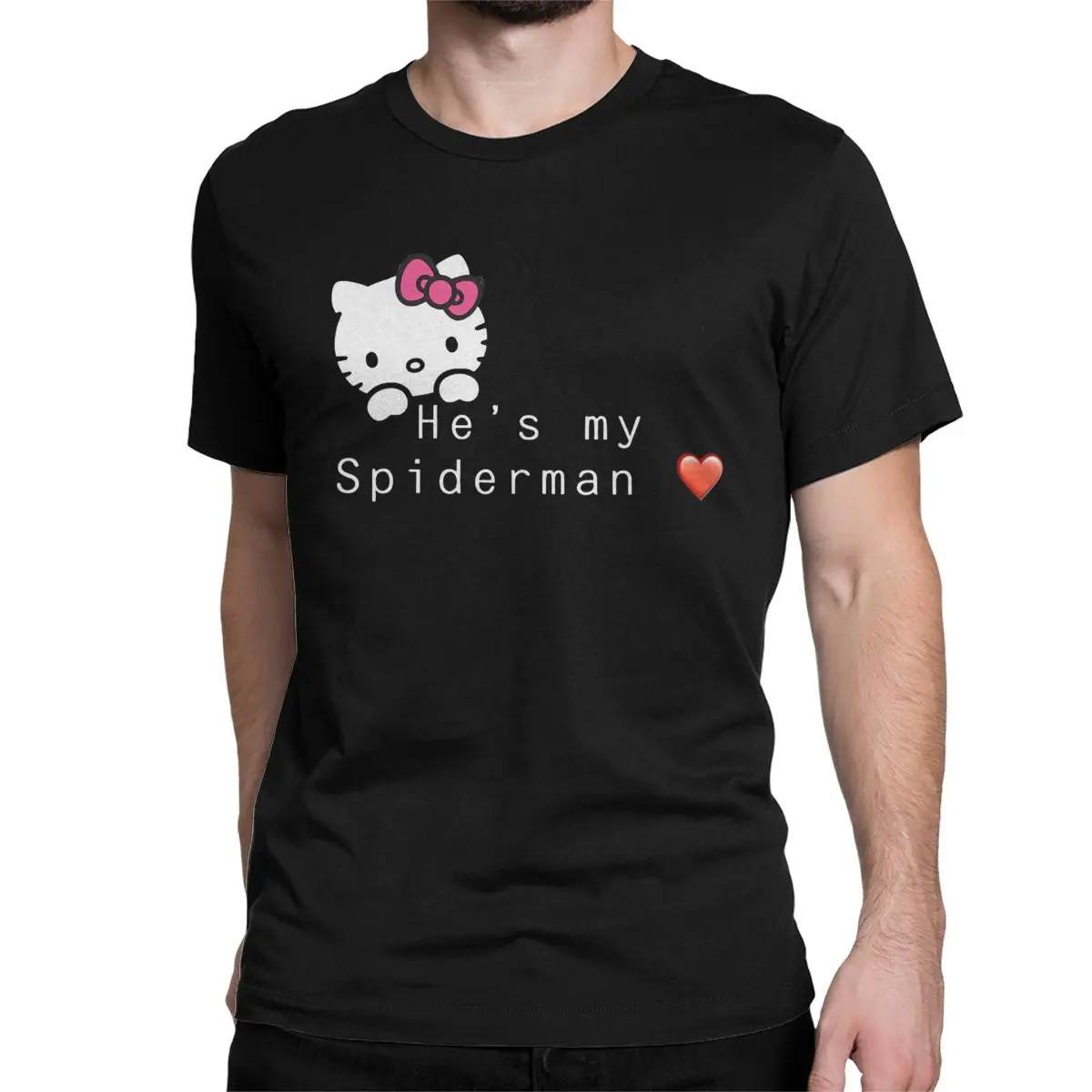 Hello Kitty He's My Spiderman for Men Women T Shirt Funny Tee Shirt Short Sleeve O Neck T-Shirt Cotton Summer Clothing