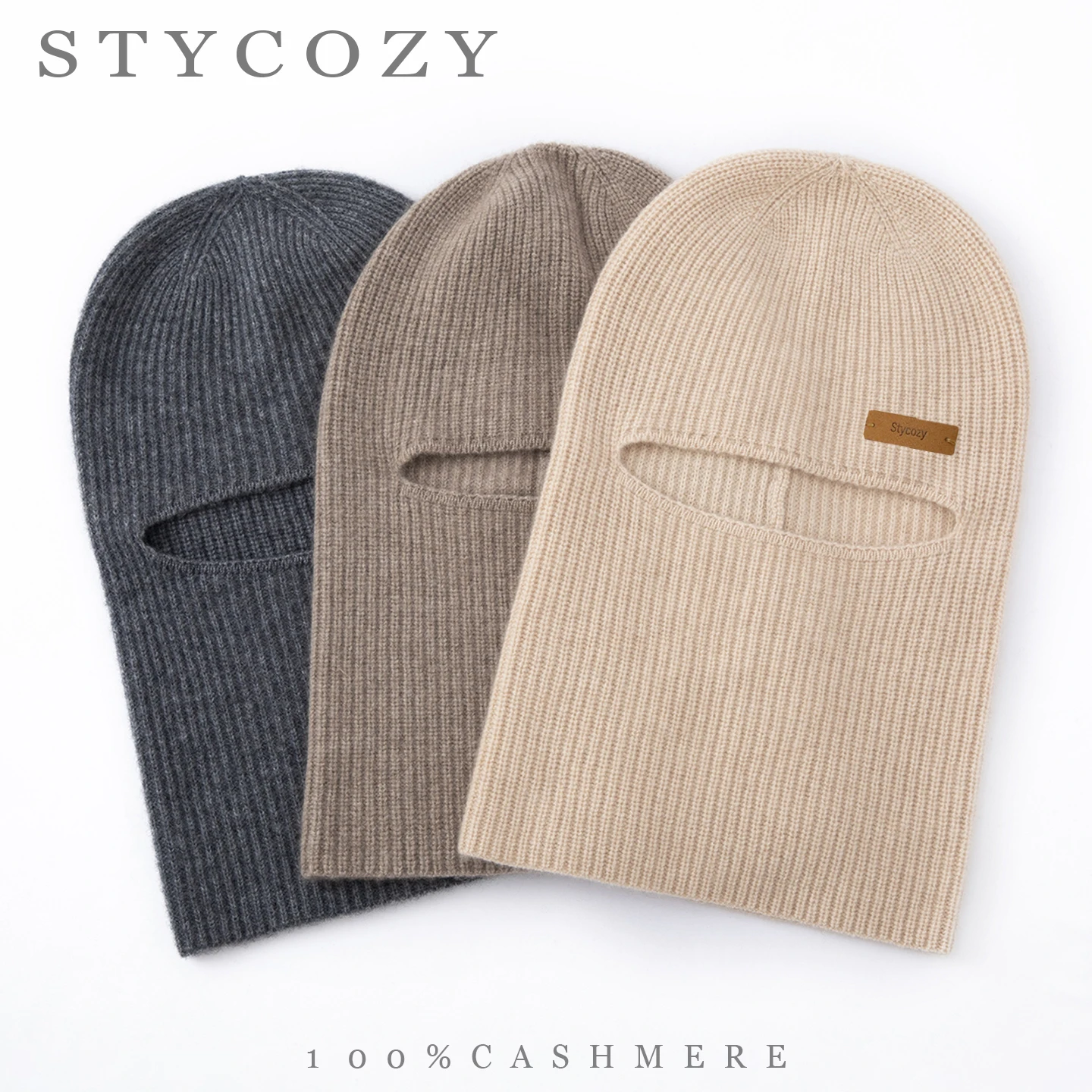 100%Cashmere Unisex Rib Knit Balaclava Hat Winter Outdoor Warm Windproof Full Face Cover Neck Warmer Solid Soft Elastic Ski Mask