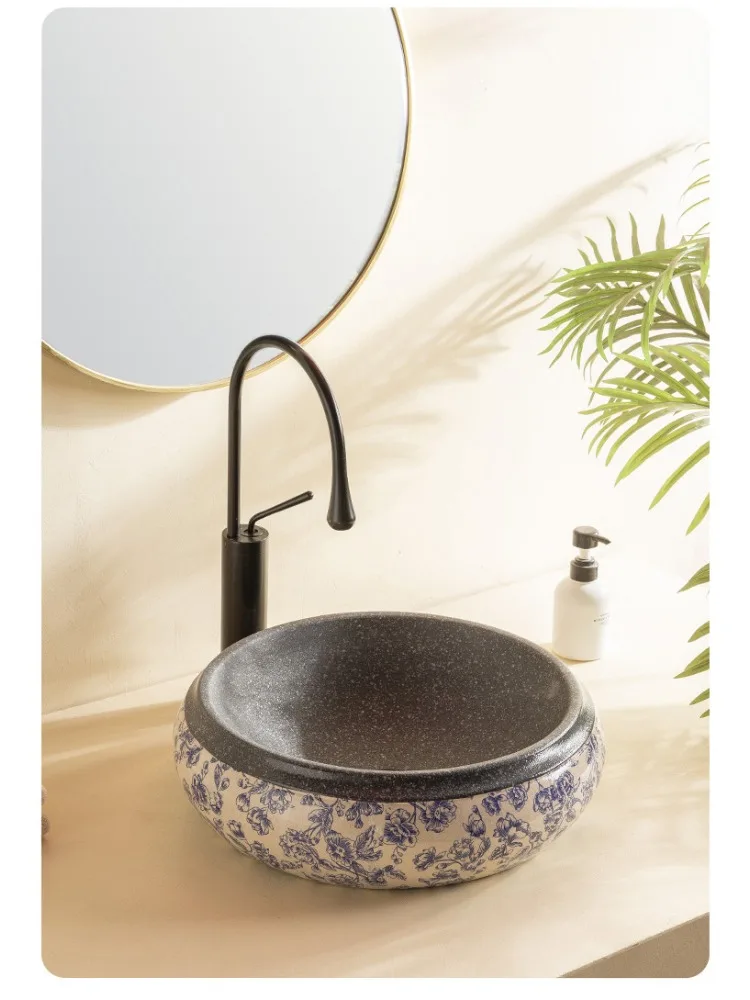 Bathroom single basin outdoor round basin retro blue and white table basin ceramic
