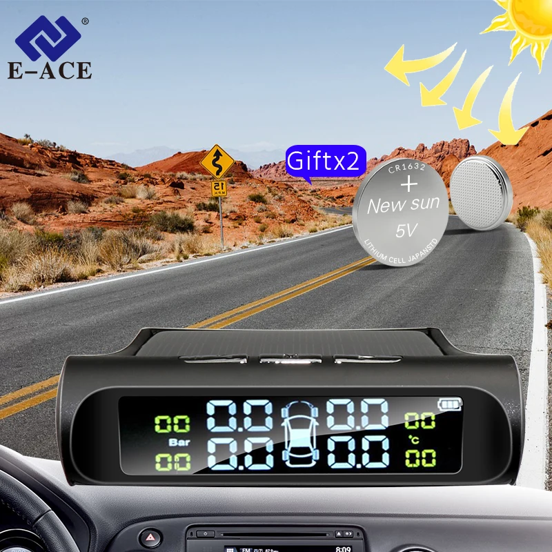 

E-ACE Smart Solar Power TPMS Car Tire Auto Pressure Alarm Monitor System Security Alarm Systems Tyre Pressure SUV Small Car