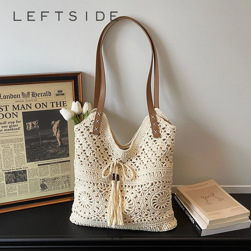 

LEFTSIDE Women's Crochet Woven Tote Bag Tassel Detail Fresh Retro Aesthetic Beach Vacation Simple Shoulder Bag 2026 Handbags