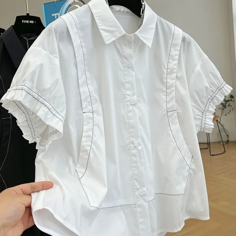 Blusas Mujer De Moda 2024 Casual Short Sleeve Blouse Black White Korean Loose Shirt Button Pleated Striped Shirts Women