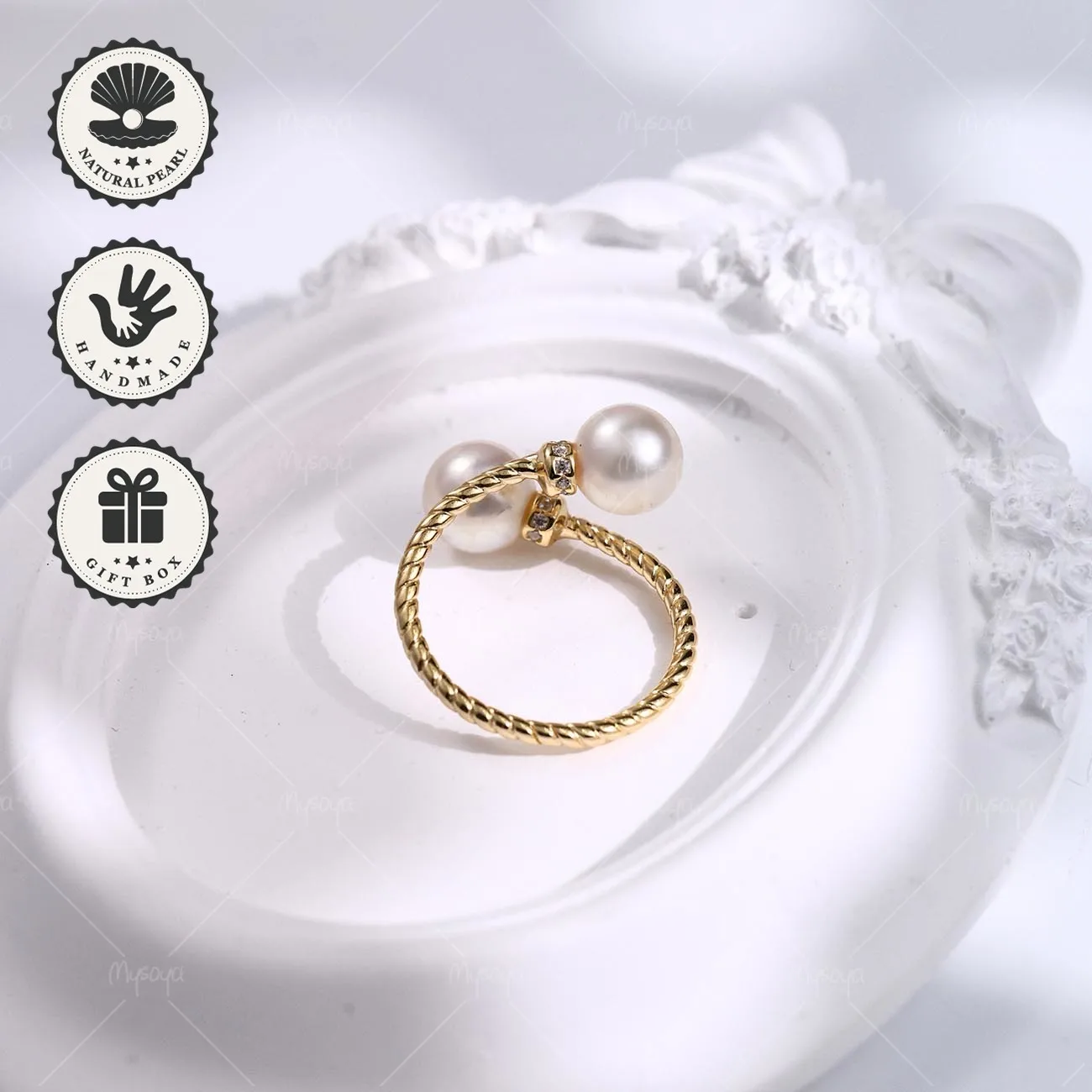 

Mysoya Japanese Akoya Twin Pearl Twist Open Ring 8–8.5mm S925 Golden With Gift Box Valentine’s Day Birthday Gift For Her