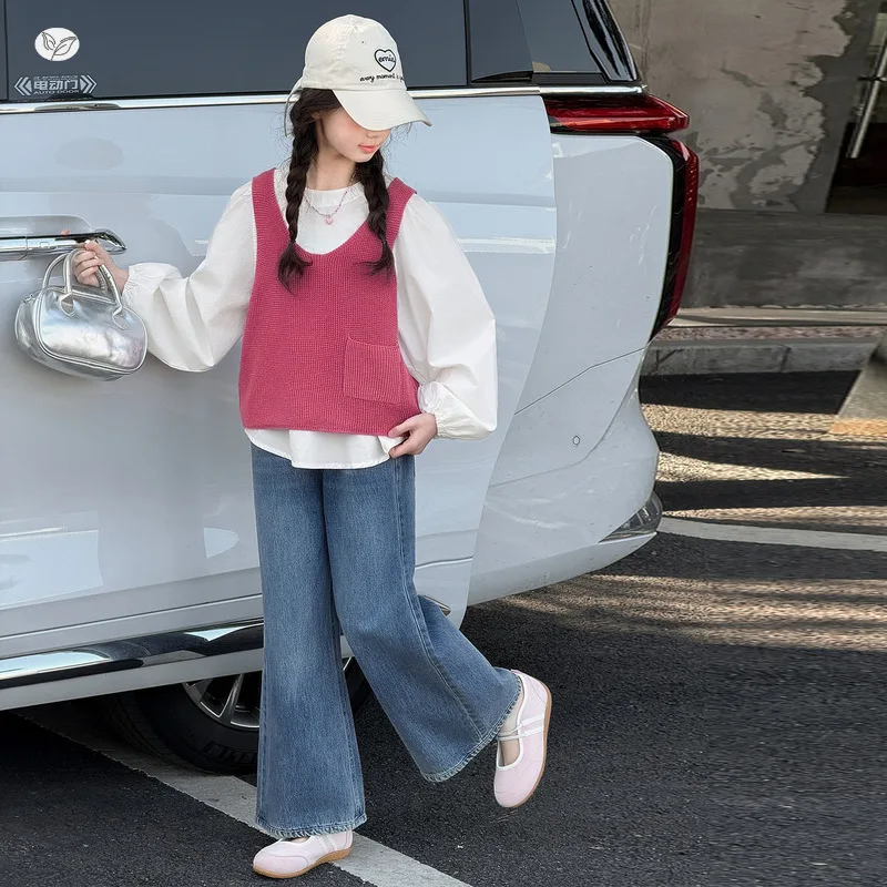Girls Vest Set 2026 Spring New Middle Big Kids Puff Sleeve Shirt Vest Three Piece Set Micro Flare Wide Leg Pants