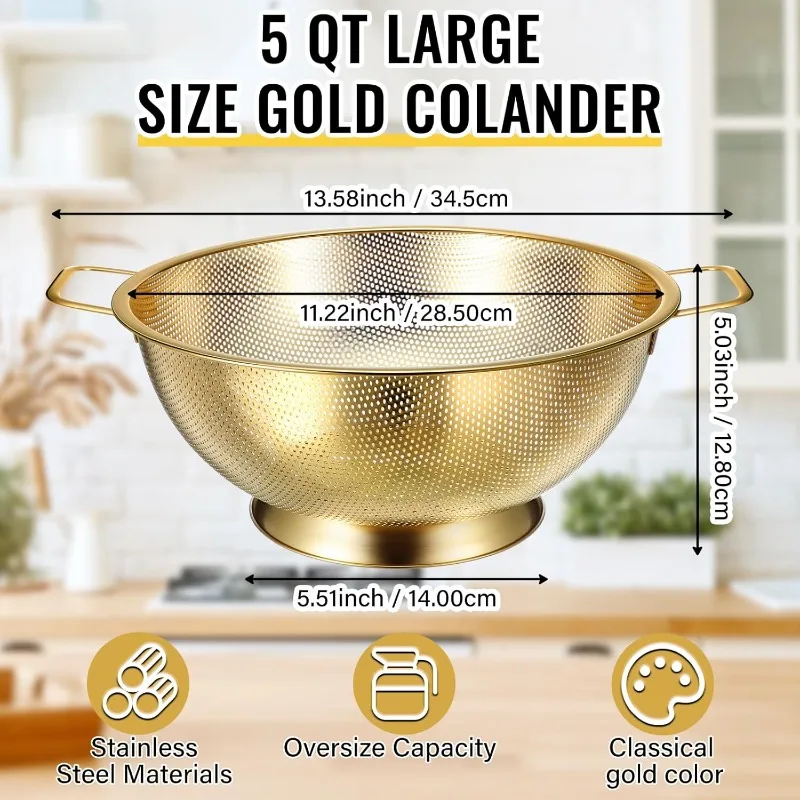 5 Quart Stainless Steel Gold Colander and 3 Pcs Gold Fine Mesh Strainer